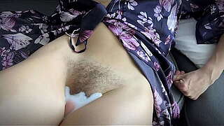 stepson teasing  fuck and jizz flow bushy cunt stepmom