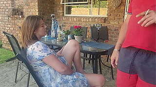 Mutual cook jerking Caught my mates wife fingering herself on the patio so i joined her