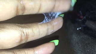 Fingering my constricted dark creamy pink cum-hole
