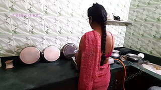Indian Bhabi Drilled in Cook-room by Devar - Bhabi in Red Saree