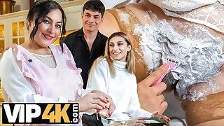 VIP4K. Sexy powder room sex afterwards shaving a curly love tunnel betwixt older hussy and skilled jock